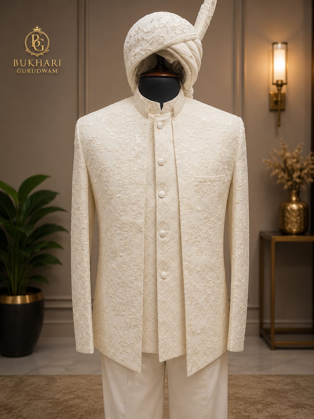 The Imperial Ivory Jacquard Open Prince Coat Set