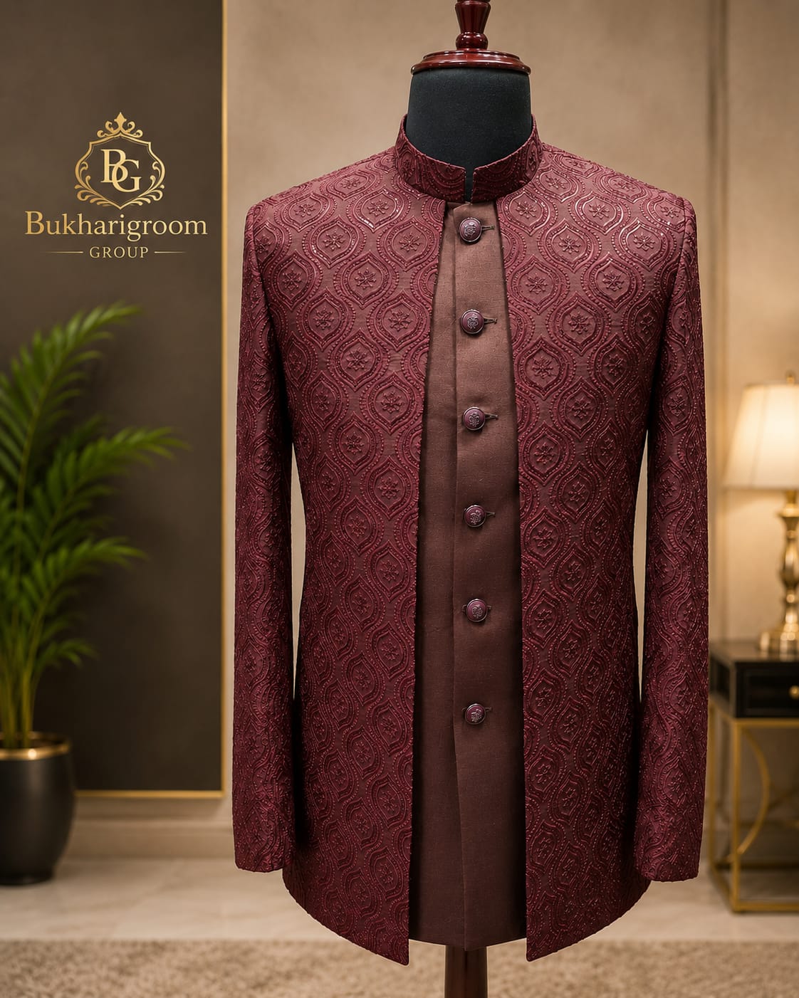 he Royal Burgundy Embroidered Open Prince Coat Set